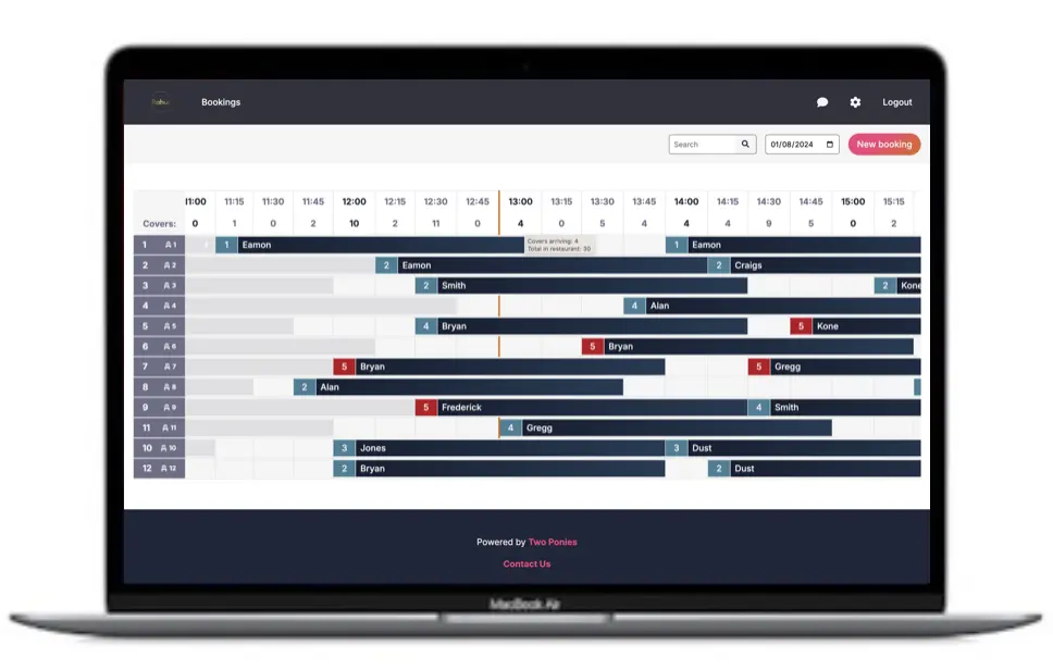 Screenshot of the Rahui Booking App Table view page on a laptop