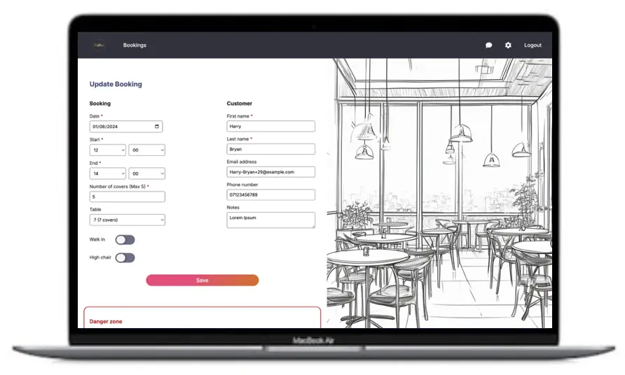 Screenshot of the Rahui Booking App New Booking page on a laptop