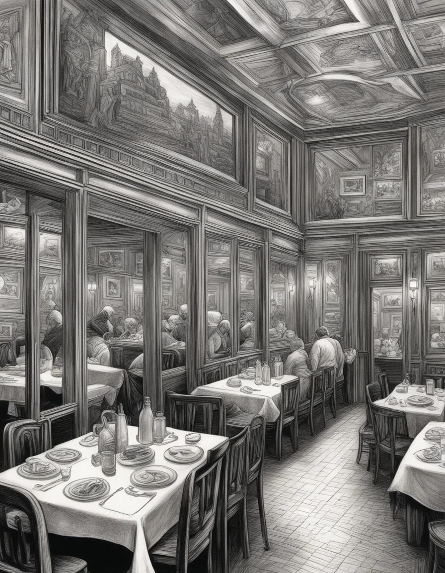 Monochrome sketch of a restaurant counter, tables and chairs