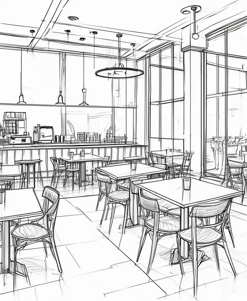 Monochrome sketch of a restaurant counter, tables and chairs