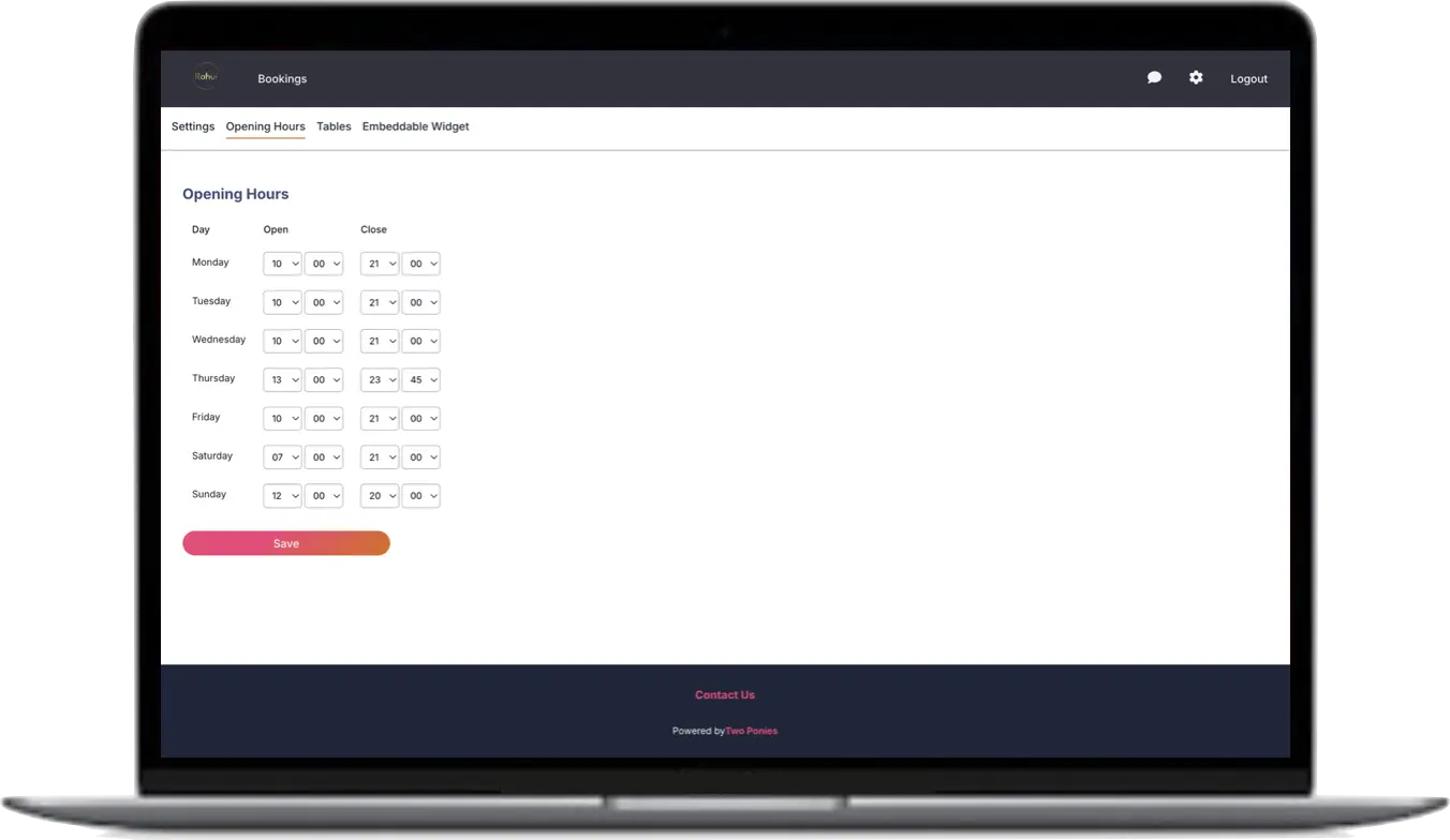 Screenshot of the Rahui Booking App Opening Hours Settings page on a laptop