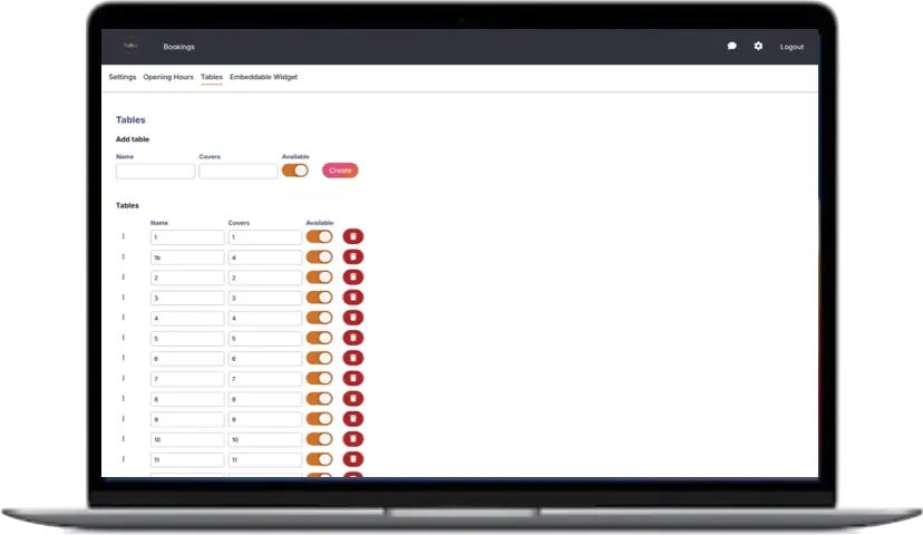 Screenshot of the Rahui Booking App tables page on a laptop